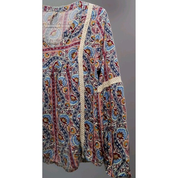 Red Camel Boho Tunic Top L Paisley Print Crochet Trim Long Sleeve Peasant Blouse - Picture 4 of 6